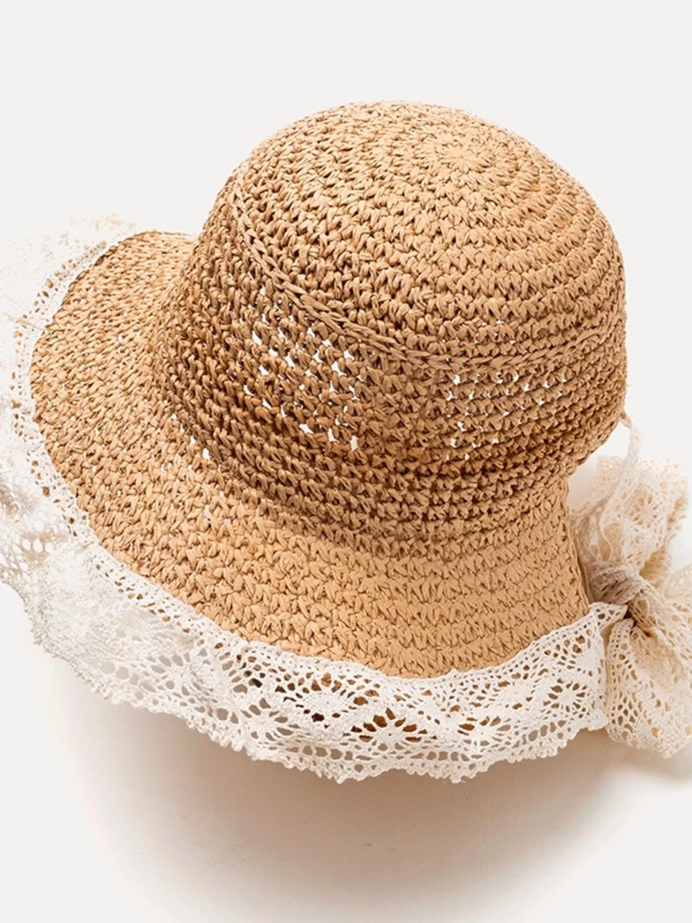 Crocheted Girls' Sun Hat with Lace Trim - Tan & Cream